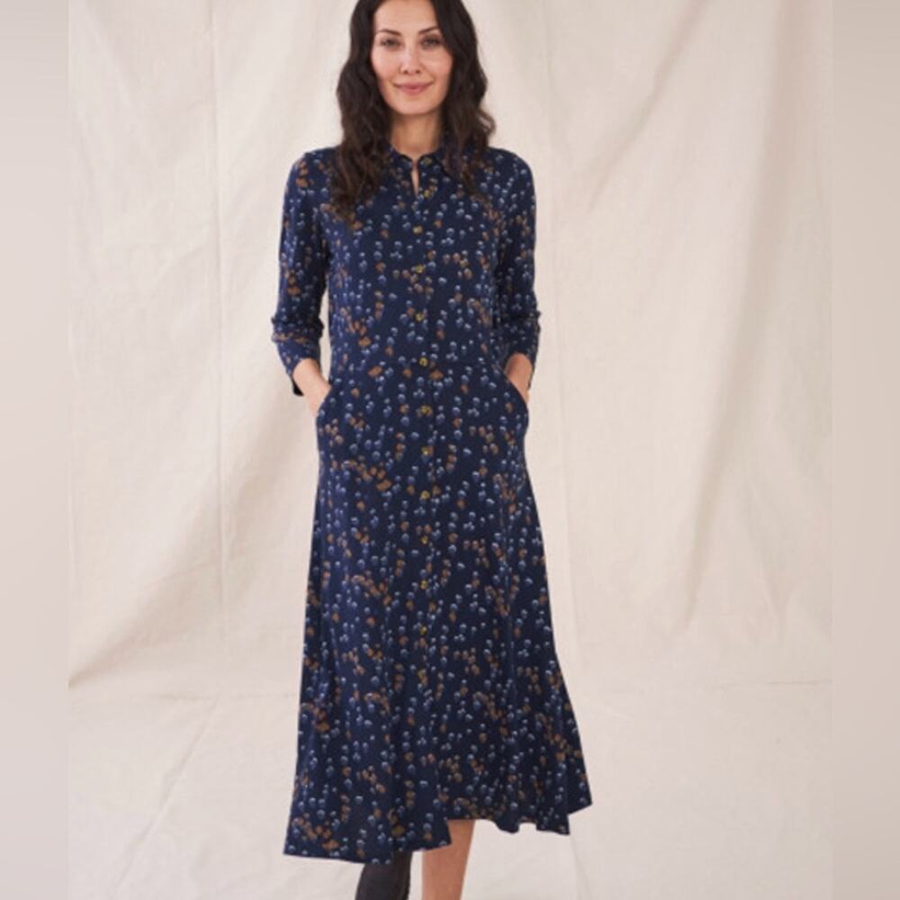White Stuff Rua Jersey Stretch Button Down Front Midi Skirt Blue Raindrop US 6